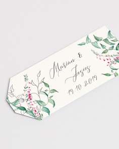 Detalle etiqueta de boda floral Hiedra y Brezo